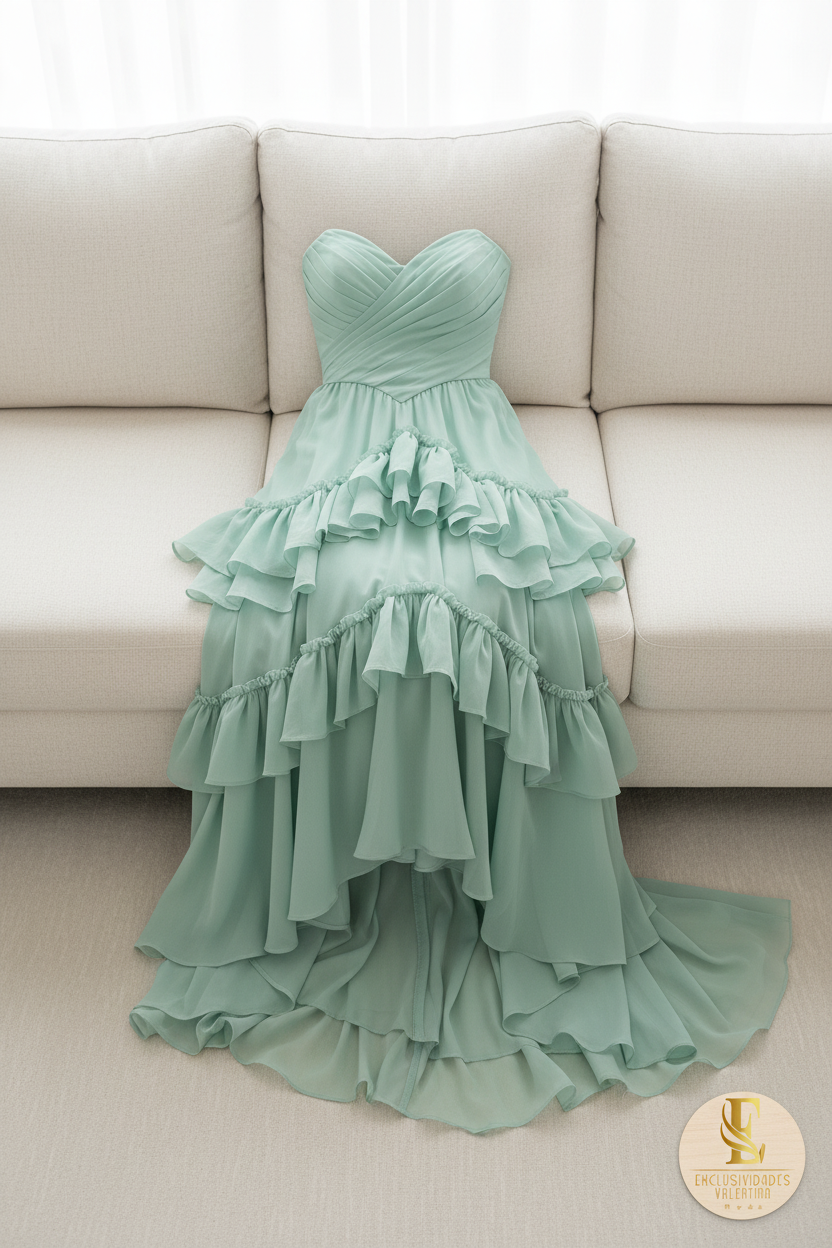 Vestido Verde Menta Strapless Corset Drapeado Cruzado y Falda Volantes en Capas cod.771