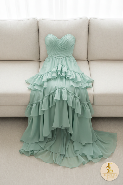 Vestido Verde Menta Strapless Corset Drapeado Cruzado y Falda Volantes en Capas cod.771