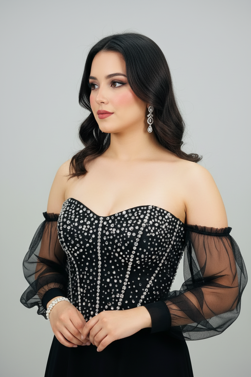Vestido Formal Negro Off-Shoulder Corsé de Pedrería Plateada y Mangas de Tul cod.555