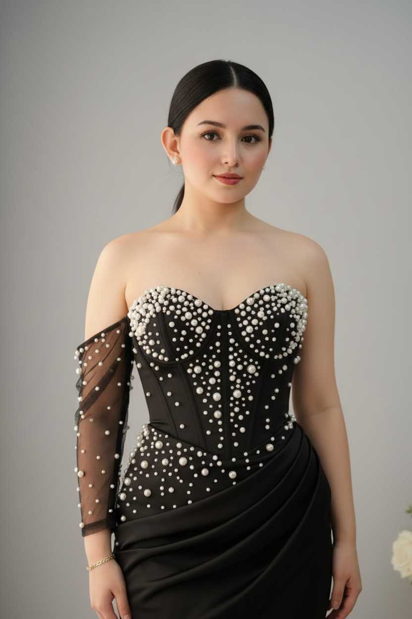 Vestido Largo Negro Sirena Strapless con Perlas Degradé y Manga Larga de Tul cod.V974