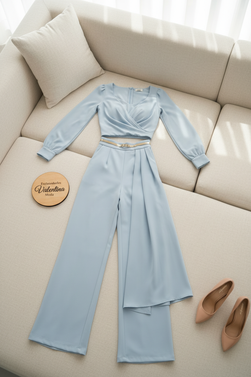 Conjunto Sky Blue Palazzo – Top Cruzado Drapeado Manga Larga + Pantalón Palazzo cod.694