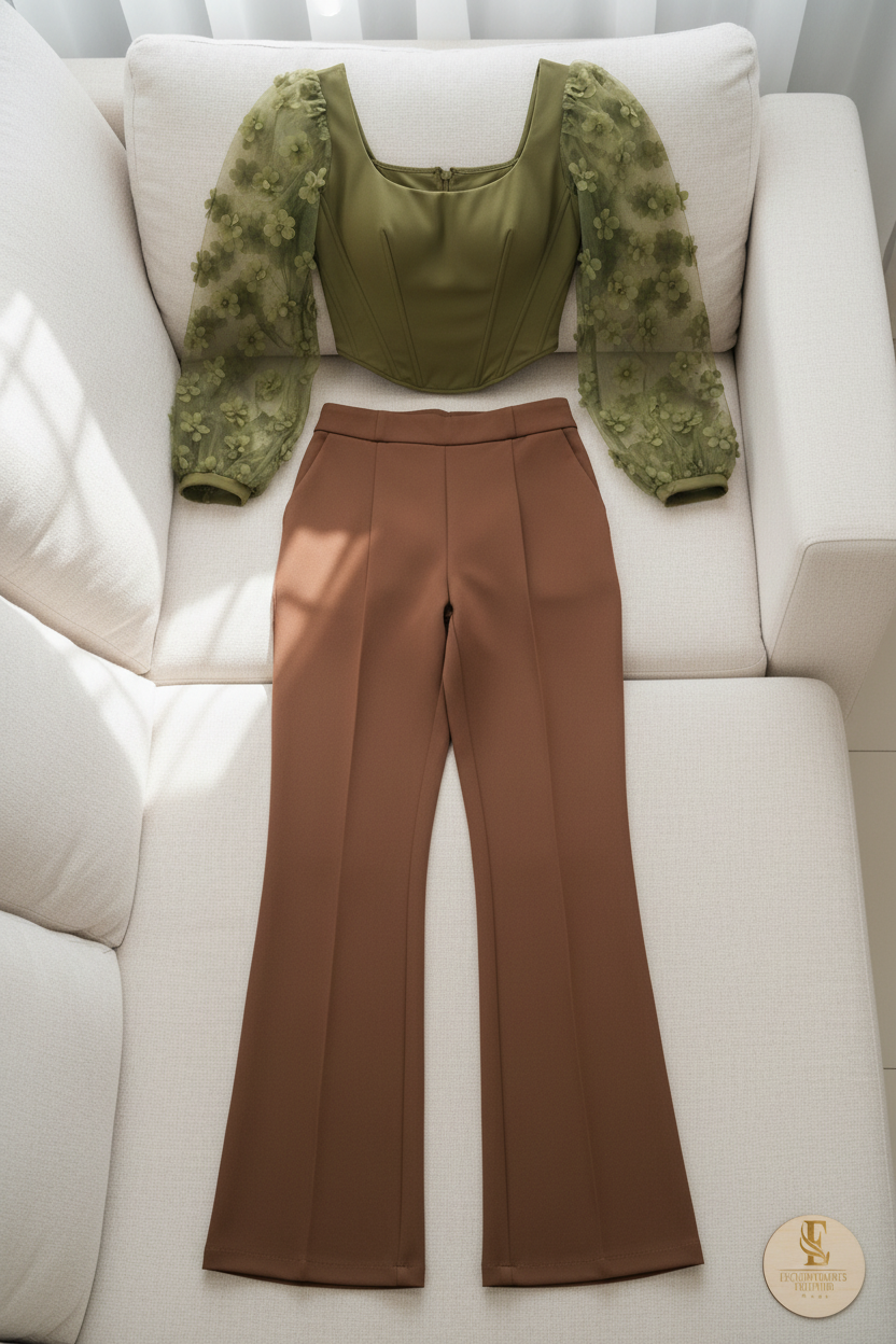 Conjunto Top Verde Oliva Cuello Cuadrado Mangas Tul Flores 3D y Pantalón Acampanado Chocolate cod.758
