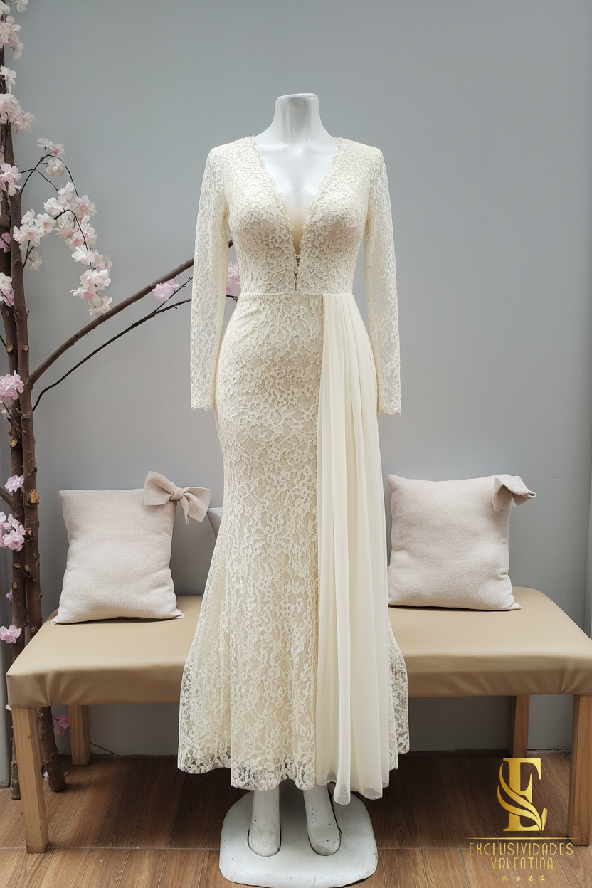 Vestido Ivory Encaje Floral Manga Larga con Tul Drapeado cod.V285