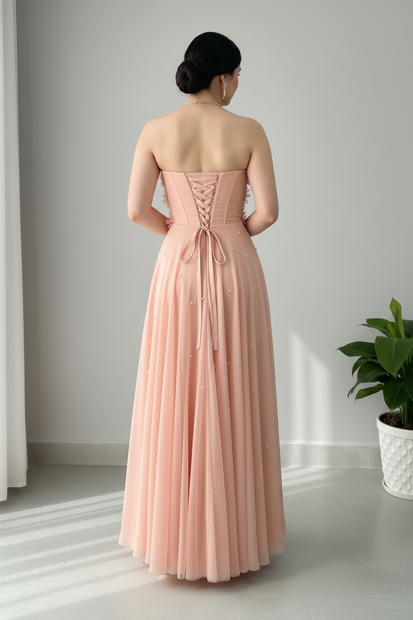 Vestido Rosa Blush Strapless Escote Corazon Flores 3D Perlas Falda A-line Tul Espalda Corset cod.846