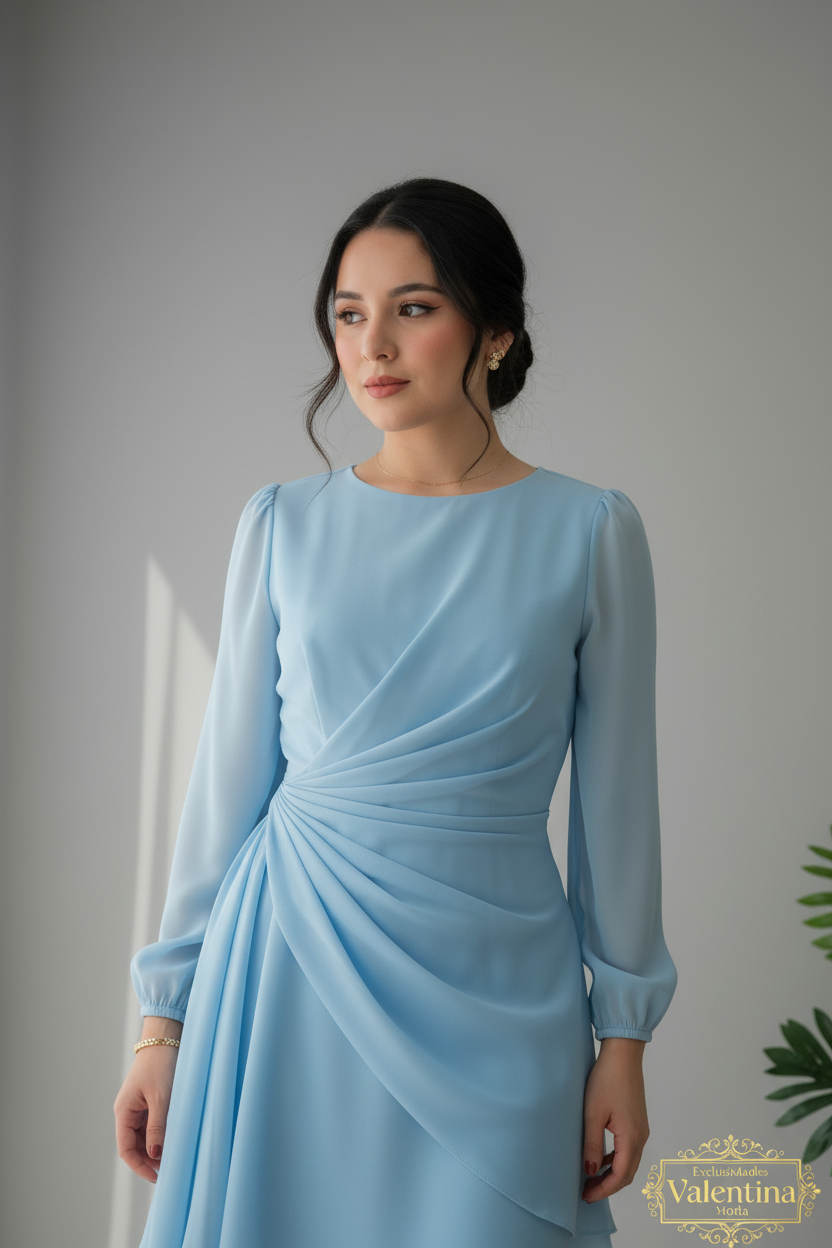 Vestido Azul Cielo Manga Larga Chifón Drapeado Asimétrico cod.934