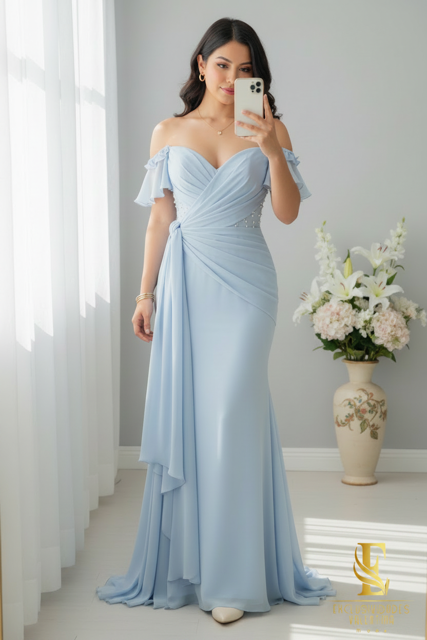 Vestido Sirena Azul Cielo | Off-Shoulder con Volantes, Perlas y Lazo en Gasa cod.V516