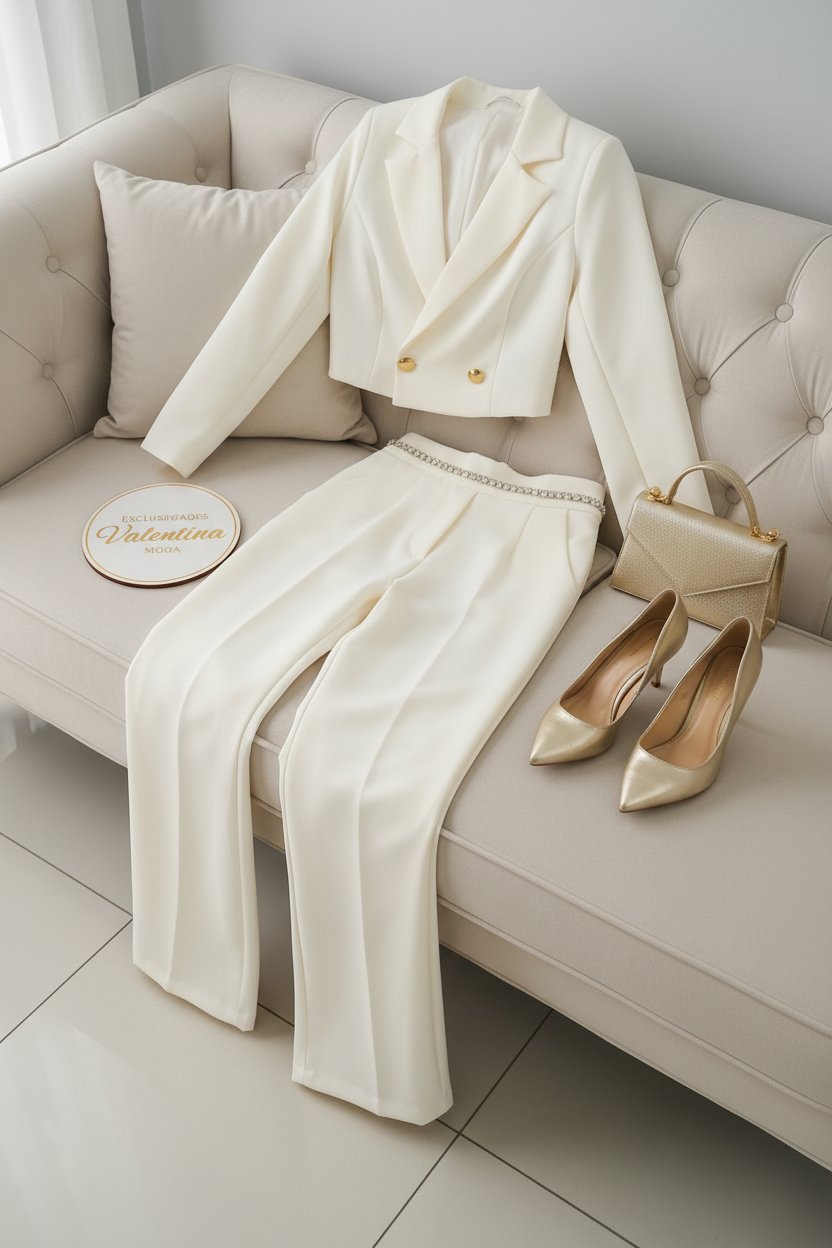 Conjunto 2 Piezas Blanco Crema Blazer Cropped y Palazzo cod.00144