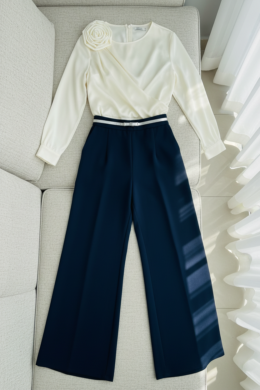 Conjunto Blusa Crema con Rosa 3D y Palazzo Azul Marino cod.C369