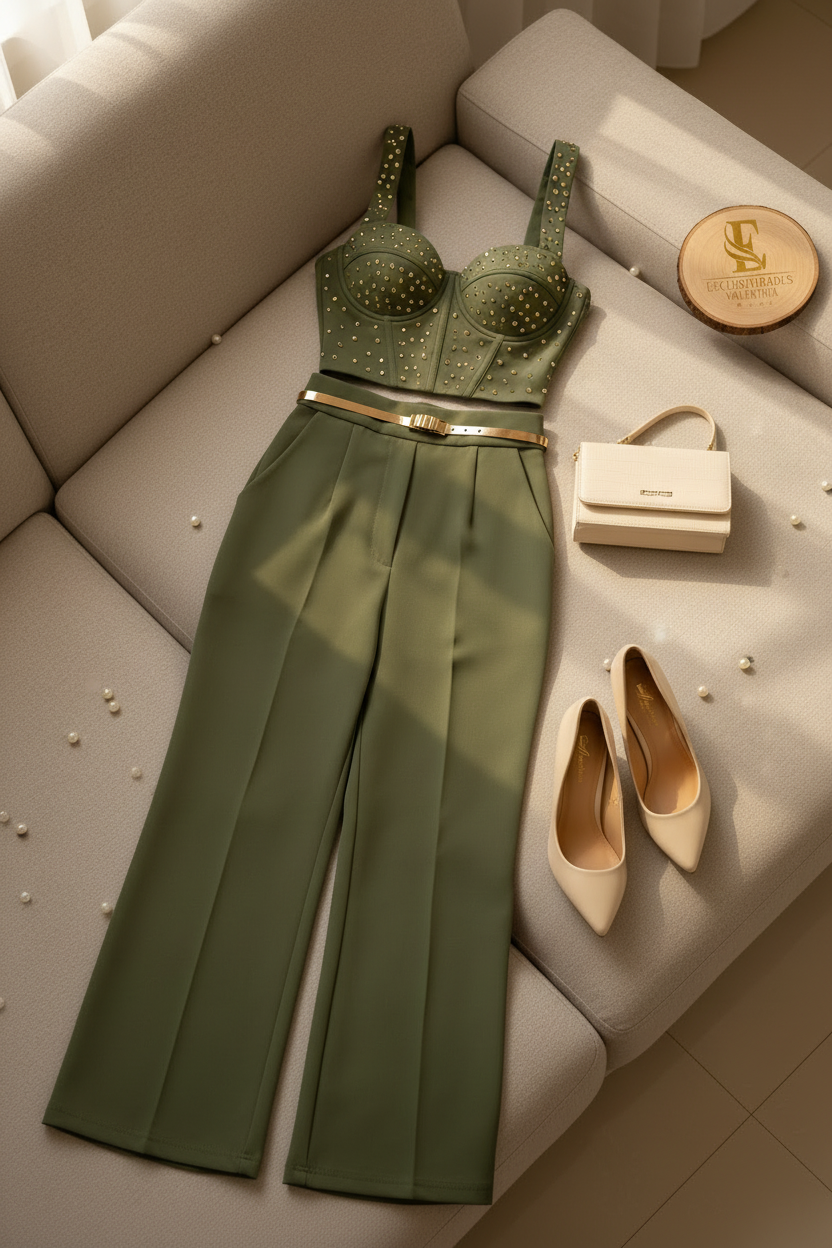 Conjunto Verde Oliva Bustier con Perlas Doradas y Pantalón Palazzo cod.554