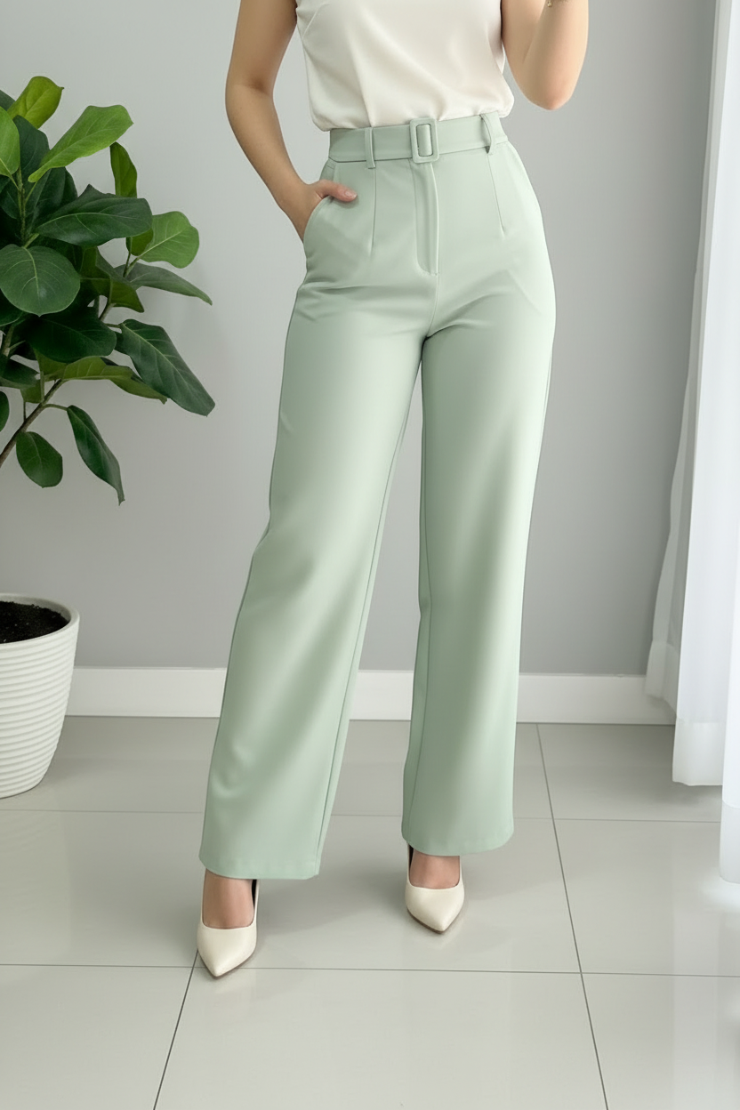 Conjunto Top Blanco Rosa 3D + Pantalón Verde Menta Tiro Alto con Cinturón cod.C592