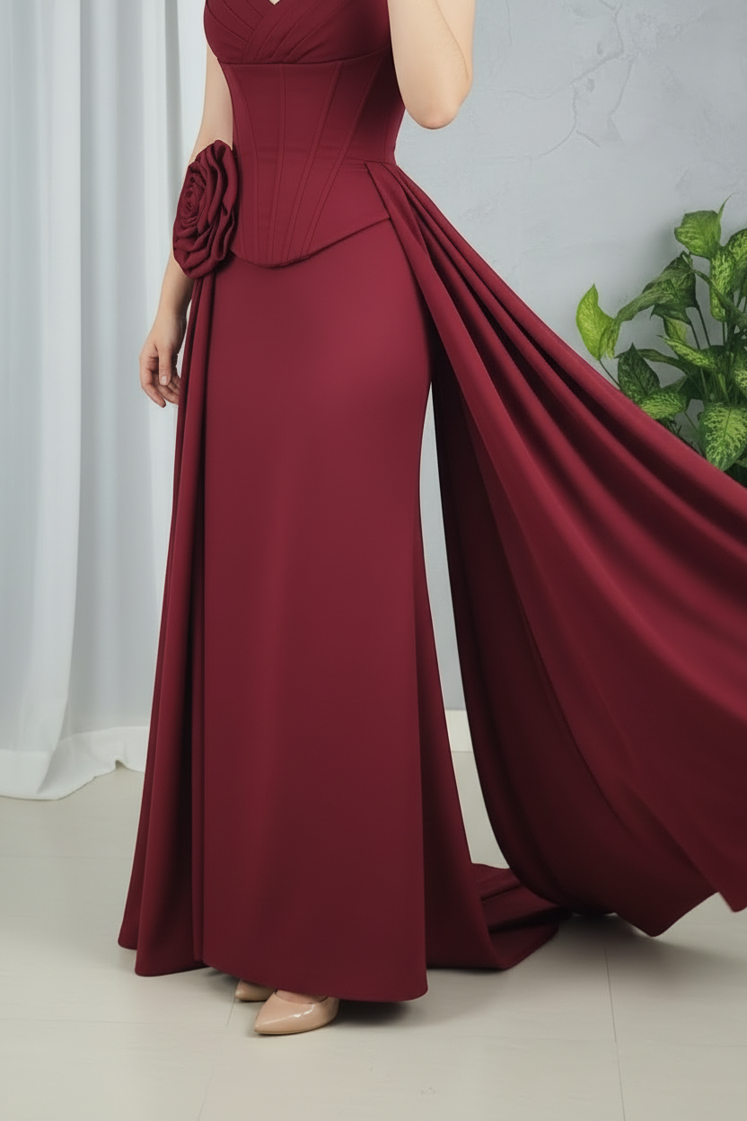 Vestido Borgoña Rosa Gigante Drapeado cod.0017