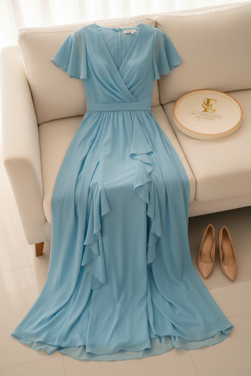 Vestido Azul Cielo Gasa Manga Mariposa cod.00165