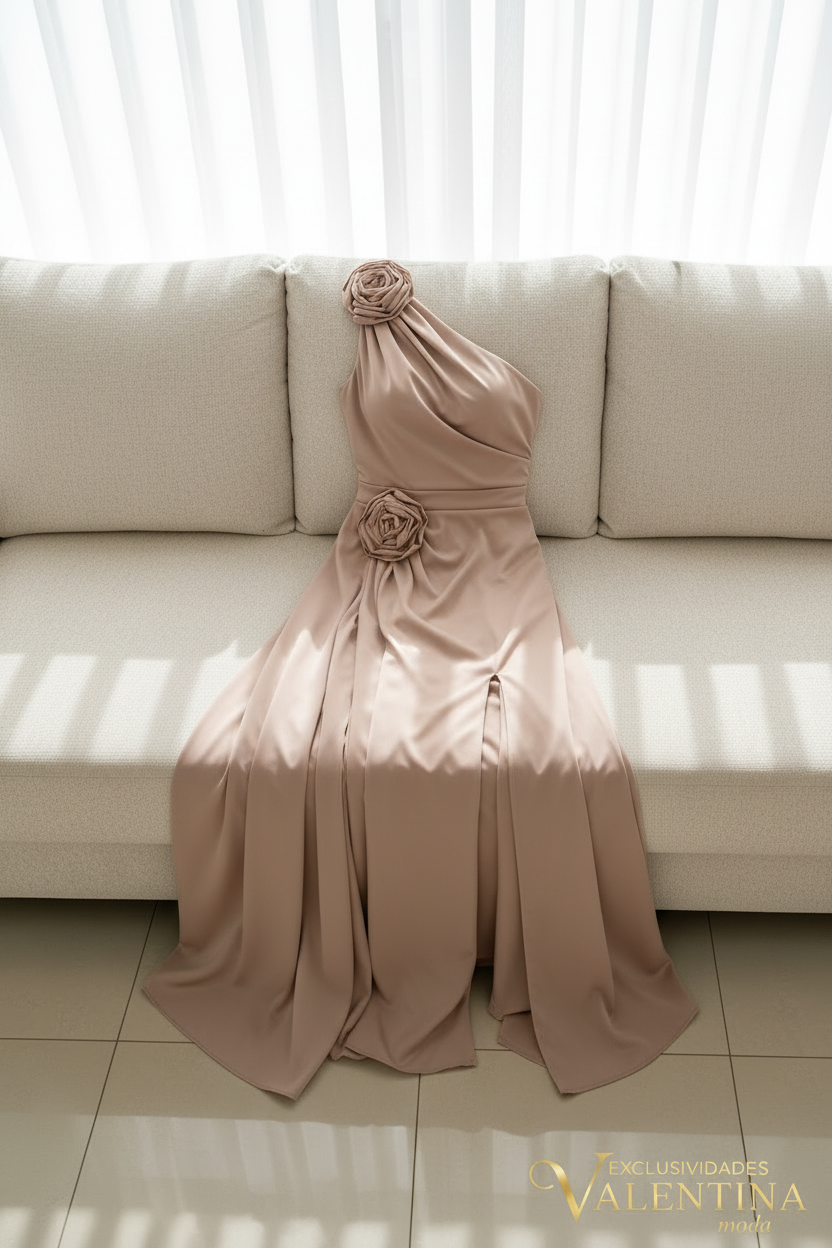 Vestido Nude Un Hombro con Rosas 3D V508