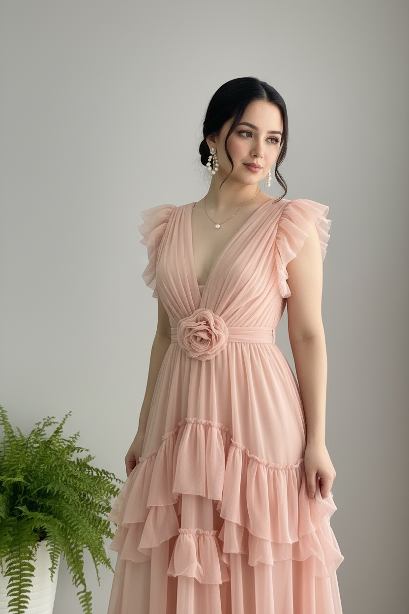 Vestido Rosa Blush Tul Sin Mangas Flutter Shoulders Escote V Rosa 3D Capas Volantes cod.833