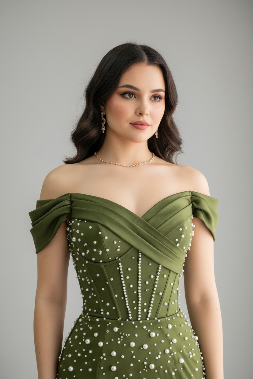 Vestido Largo Verde Militar - Off Shoulder con Perlas cod.V836