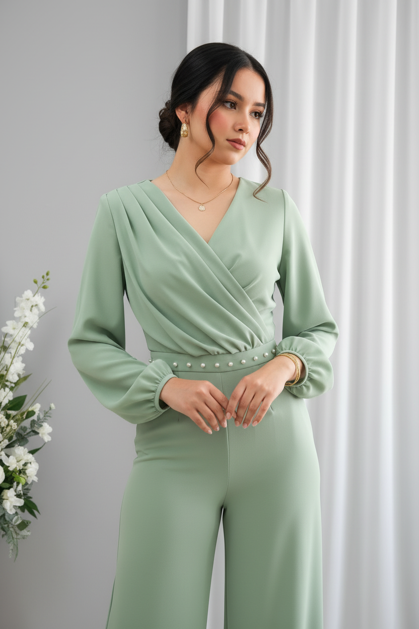 Enterizo Verde Menta Cruzado con Perlas y Manga Globo cod.E547