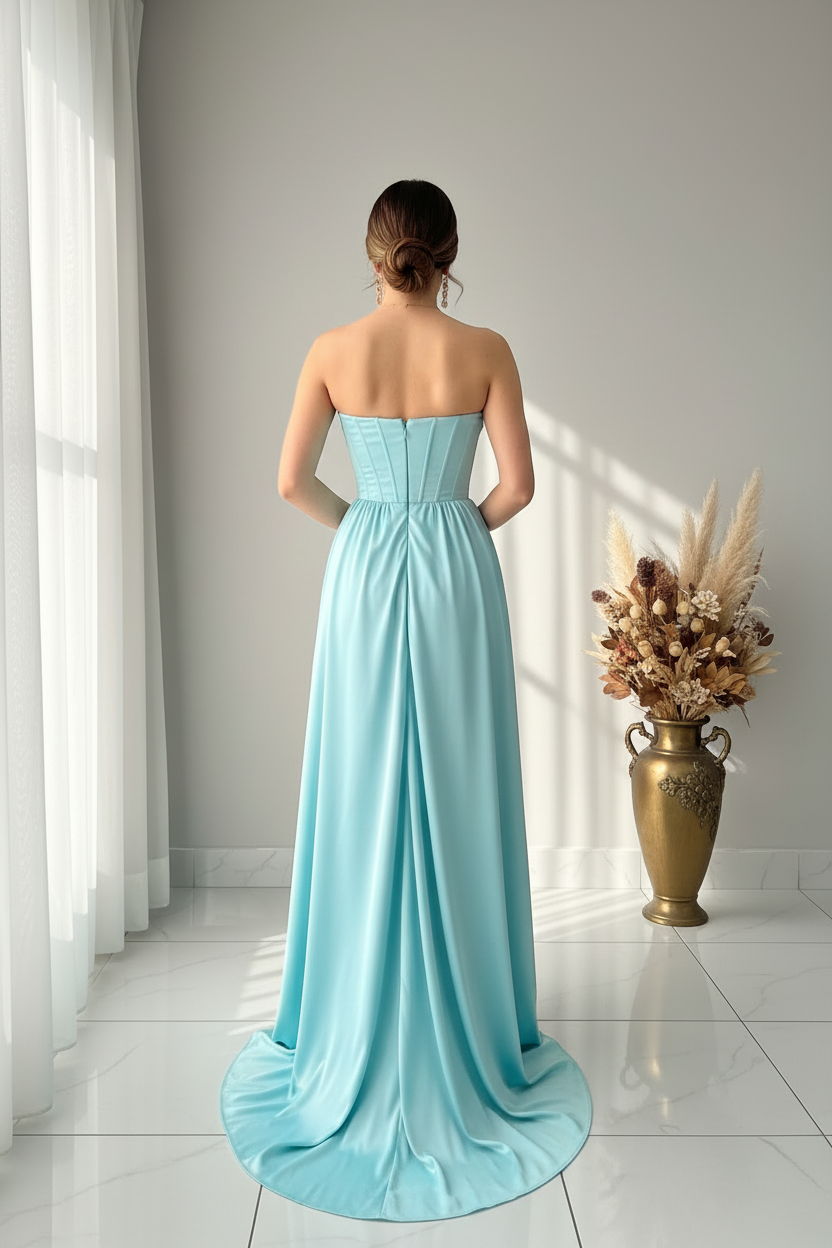Vestido Azul Celeste Strapless Corset Rosa 3D Volantes Slit Gala cod.V592