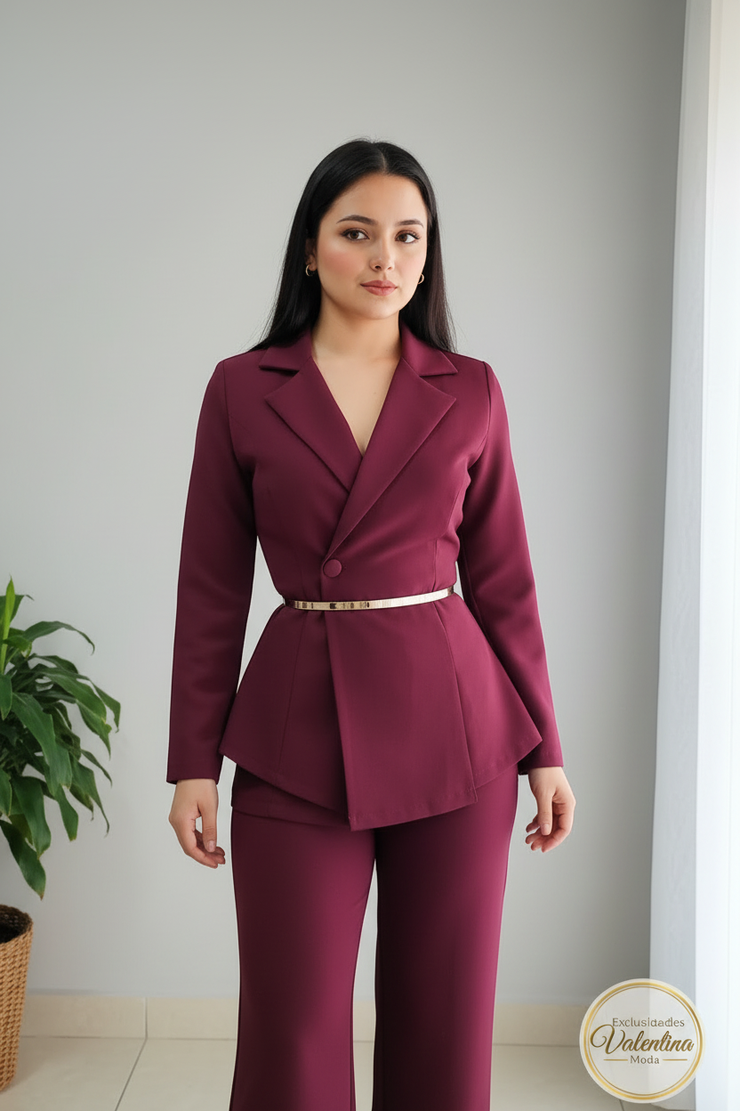 Conjunto 2 Piezas Vino Borgoña Blazer Peplum Asimétrico y Palazzo cod.00143