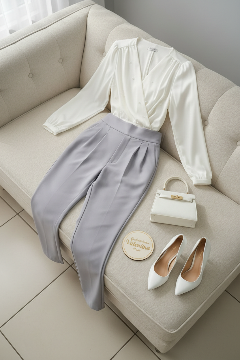 Conjunto 2 Piezas Blusa Blanca Satinada Cruzada y Pantalón Pitillo Gris cod.00146