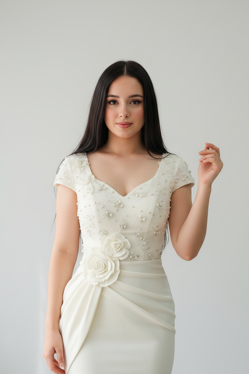 Vestido Formal Blanco con Apliques de Perlas y Flores cod.496