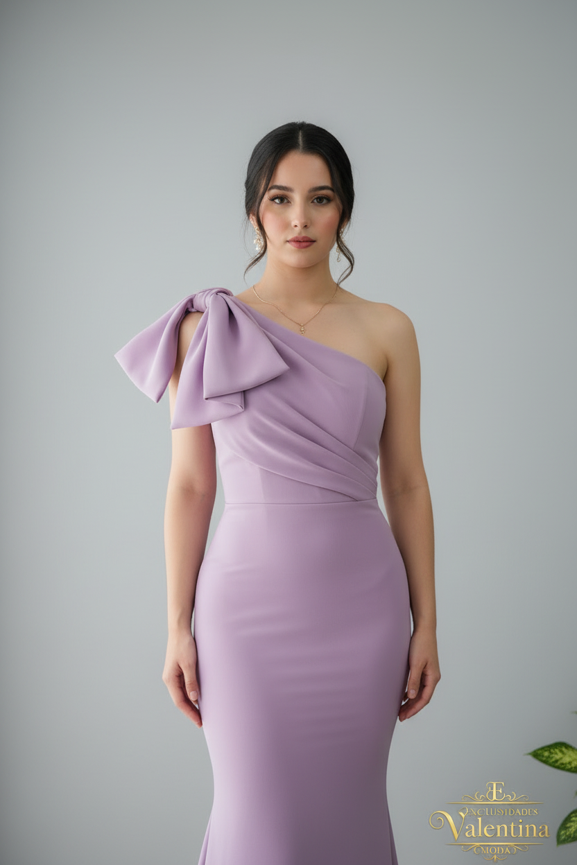 Vestido Lila Un Hombro Lazo Estructurado Sirena cod.925