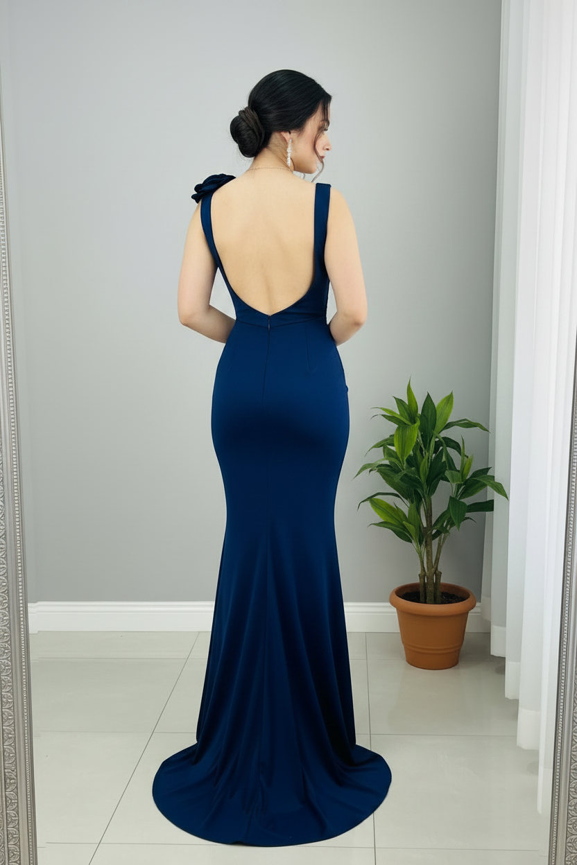 Vestido Sirena Azul Marino — Escote V Cruzado, Rosa 3D en Hombro & Cola cod.892