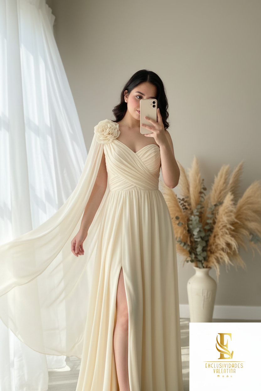Vestido Crema Marfil One-Shoulder Chifón con Flor, Capa y Abertura cod.0082