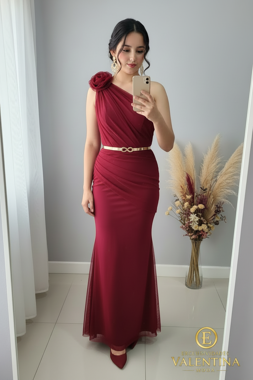 Vestido Sirena Un Hombro Burdeos Rosa D cod.V399