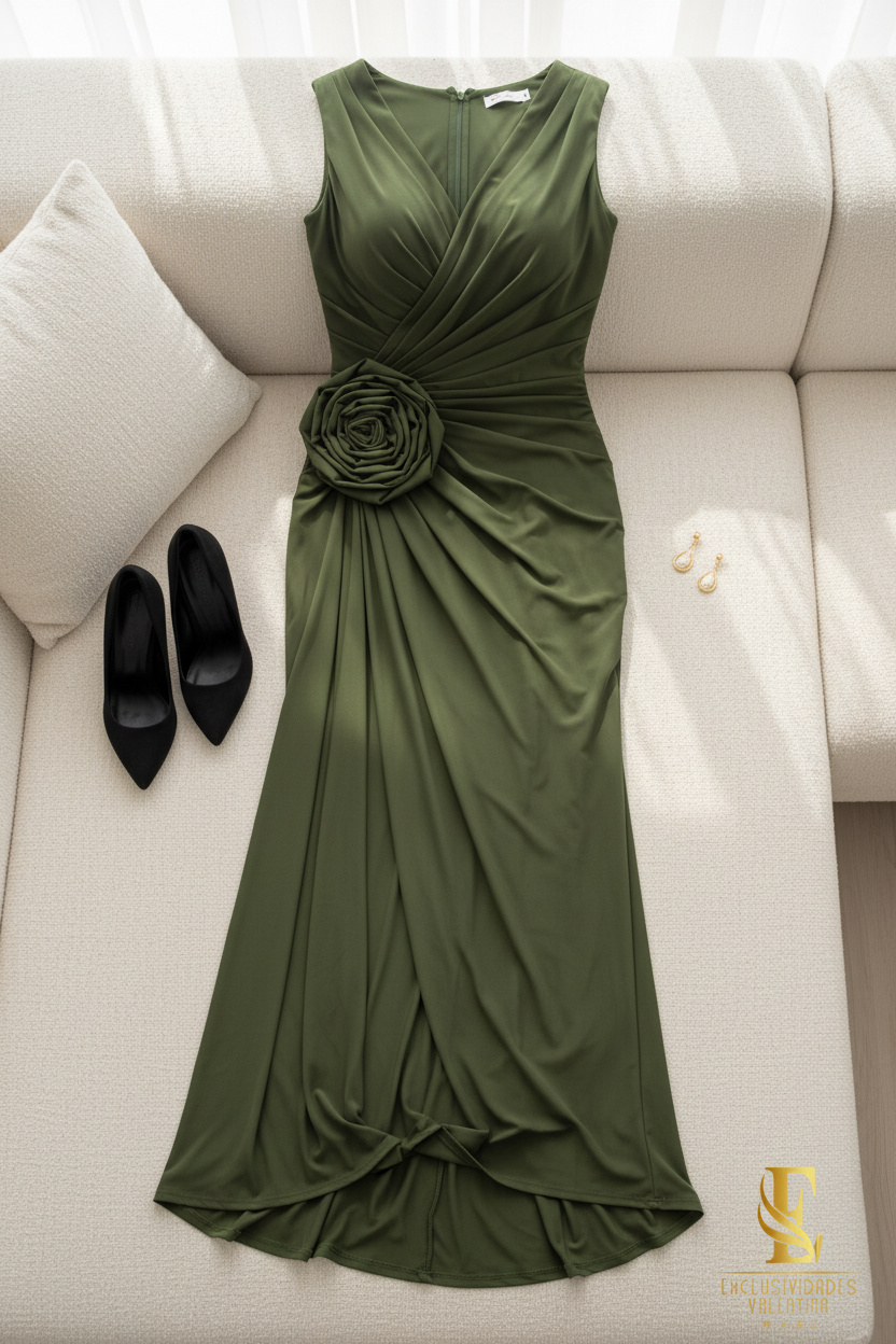 Vestido Verde Oliva Largo Sin Mangas Escote V Rosa 3D Cadera Drapeado cod.V305