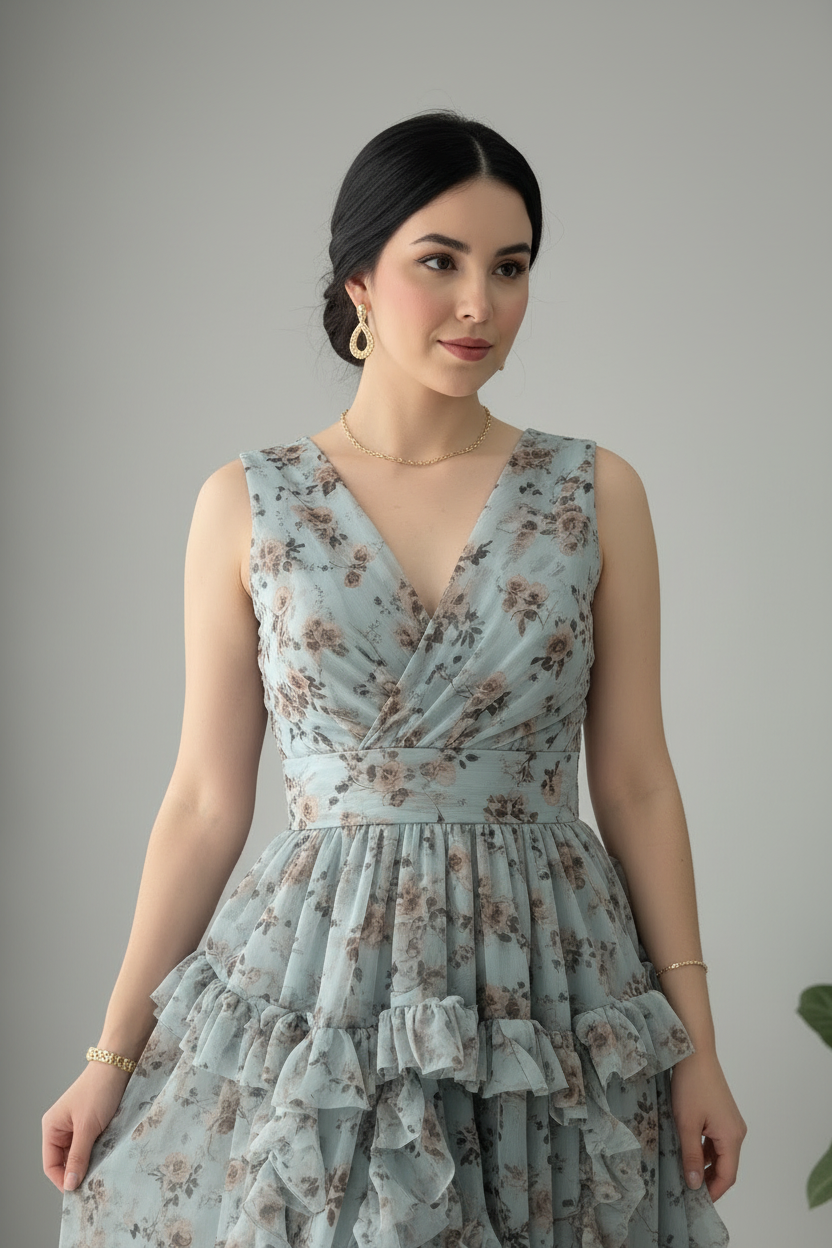 Vestido Verde Agua Floral — Escote V, Volantes & Abertura cod.866