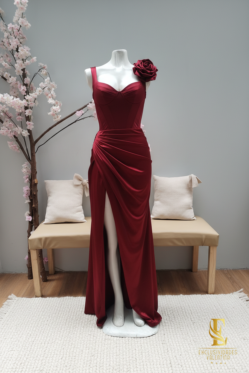 Vestido Rojo Vino Corset con Flor D cod.V345