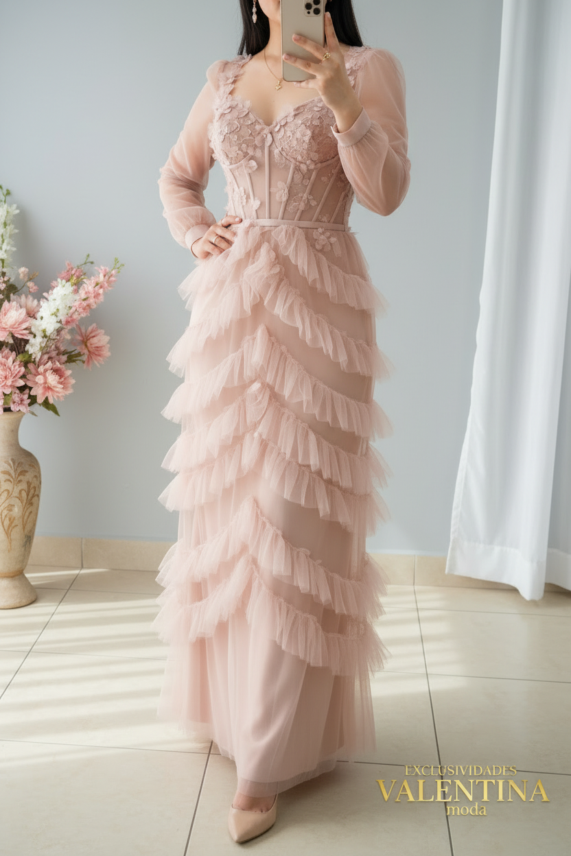 Vestido Rosa Palo Tul Manga Larga Corset con Falda en Capas Escalonada cod.V542