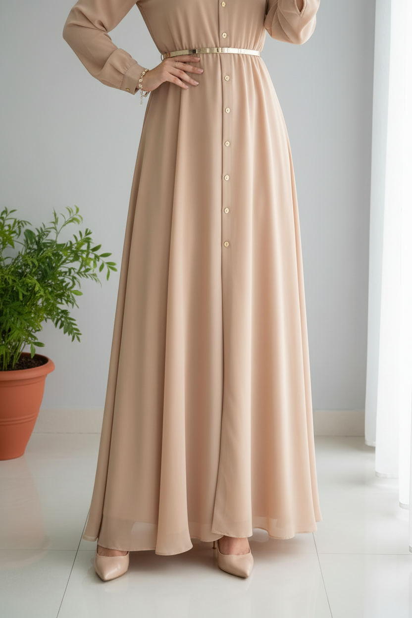 Vestido Beige Camel Manga Larga Cuello Camisero Botones Dorados Cinturon A-Line cod.831