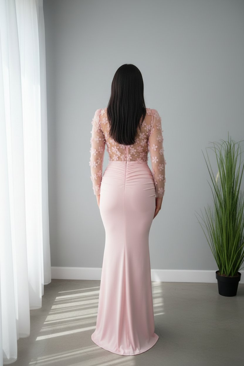 Vestido Rosa Palo Sirena Manga Larga Tul Flores 3D cod.V693