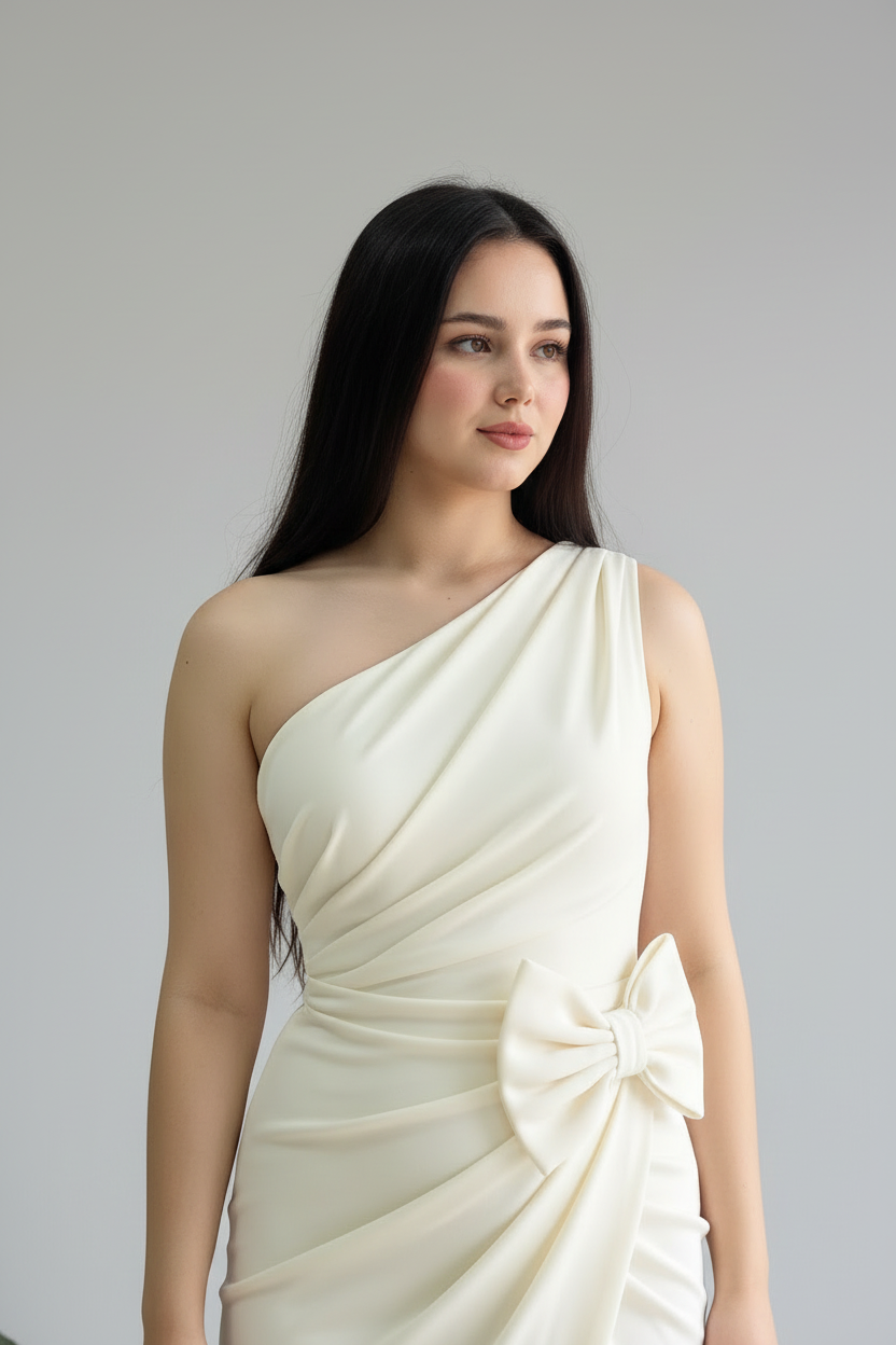 Vestido Formal Blanco Un Hombro con Lazo cod.495