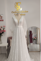 Vestido Novia Blanco Encaje Mangas Obispo con Perlas cod.V0026