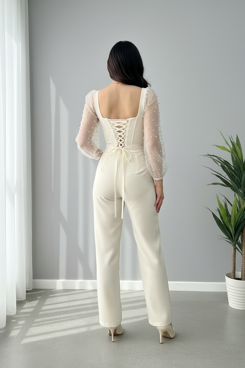 Conjunto Crema Corset con Mangas Tul de Perlas y Pantalón cod.649