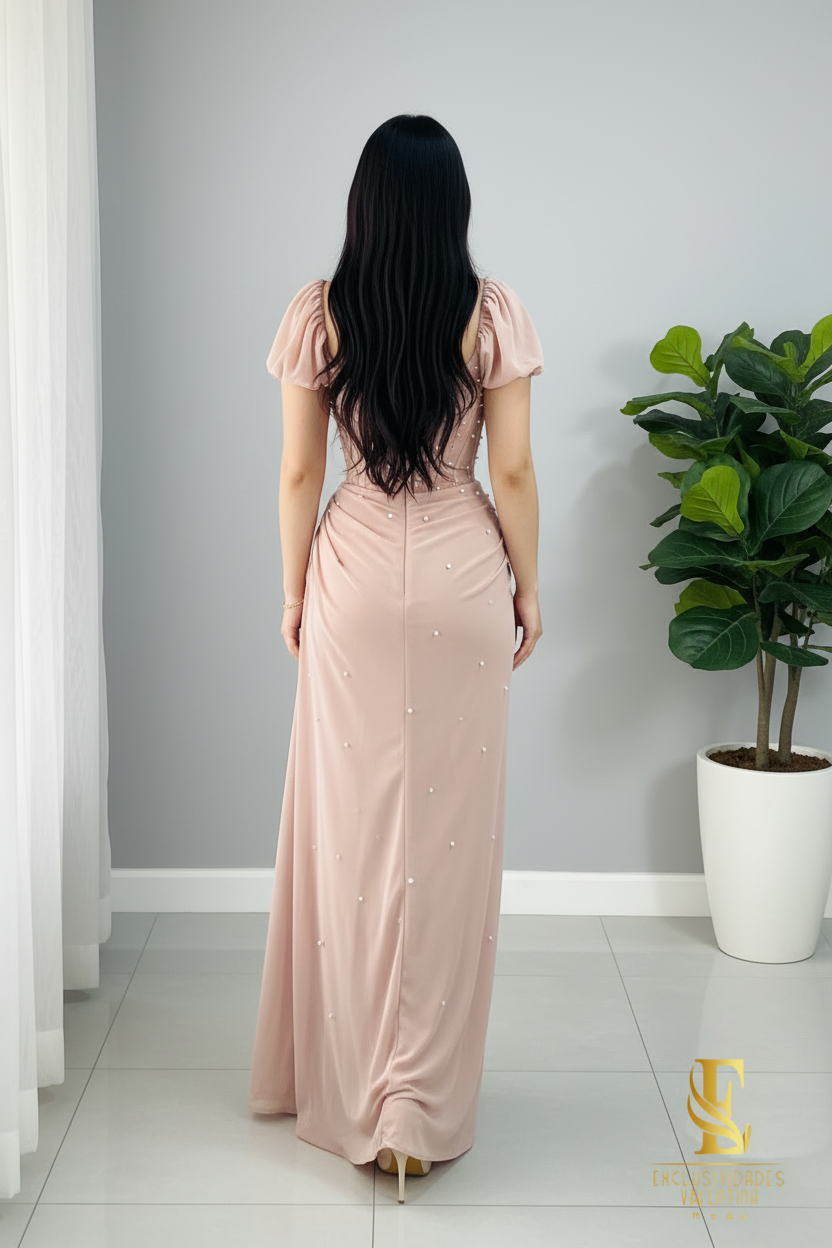 Vestido Rosa Palo Corsé con Perlas y Mangas Puff cod.V662