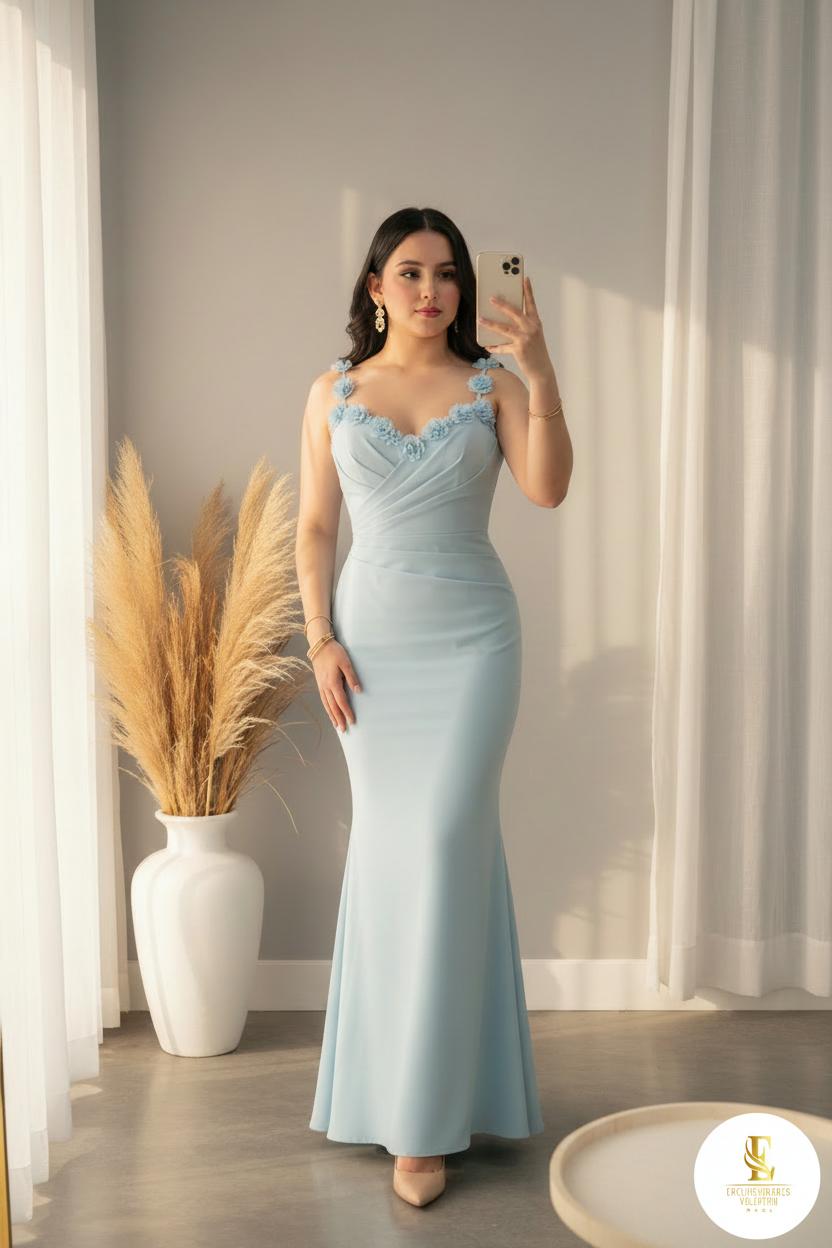 Vestido Azul Cielo Sirena Flores 3D cod.00166
