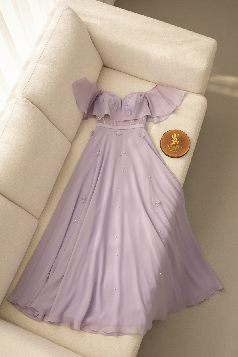 Vestido Lila Lavanda Escote Corazon Capelina Off-Shoulder Flores 3D Perlas A-Line cod.834