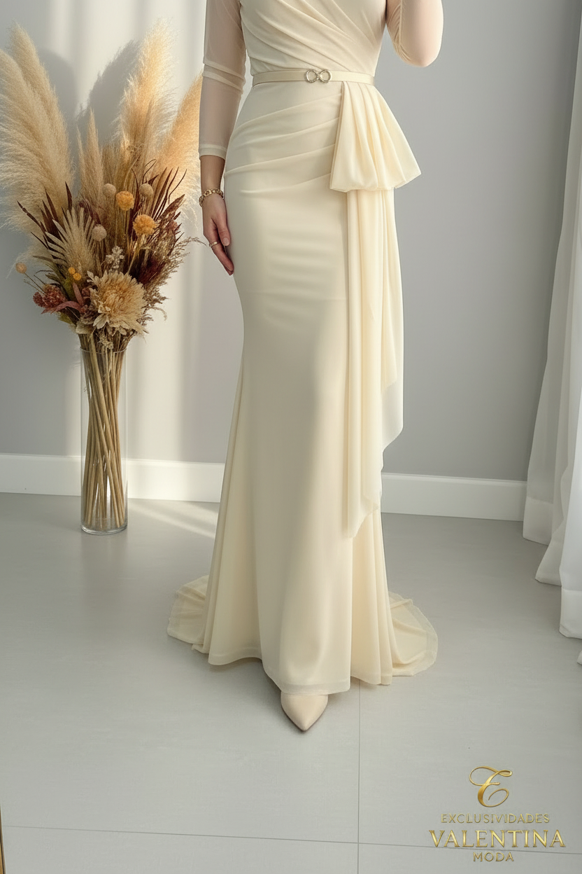 Vestido Sirena Ivory Un Hombro Manga Tul Drapeado cod.V402