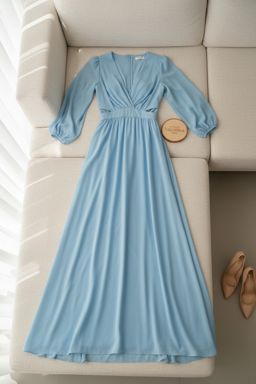 Vestido Sky Blue – Gown Azul Cielo Manga Larga Escote V con Abertura en Cintura cod.685
