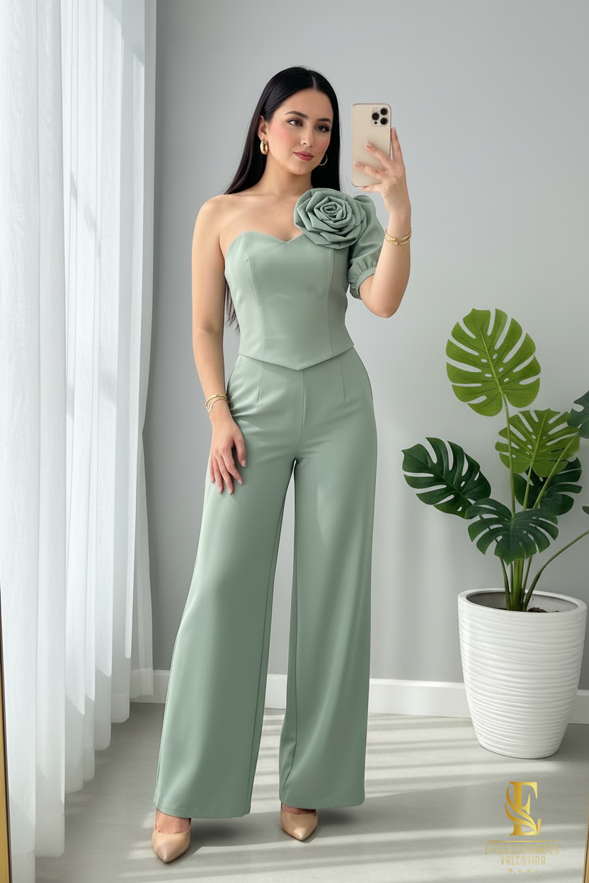 Conjunto Verde Menta — Corset Rosa 3D & Palazzo cod.0032