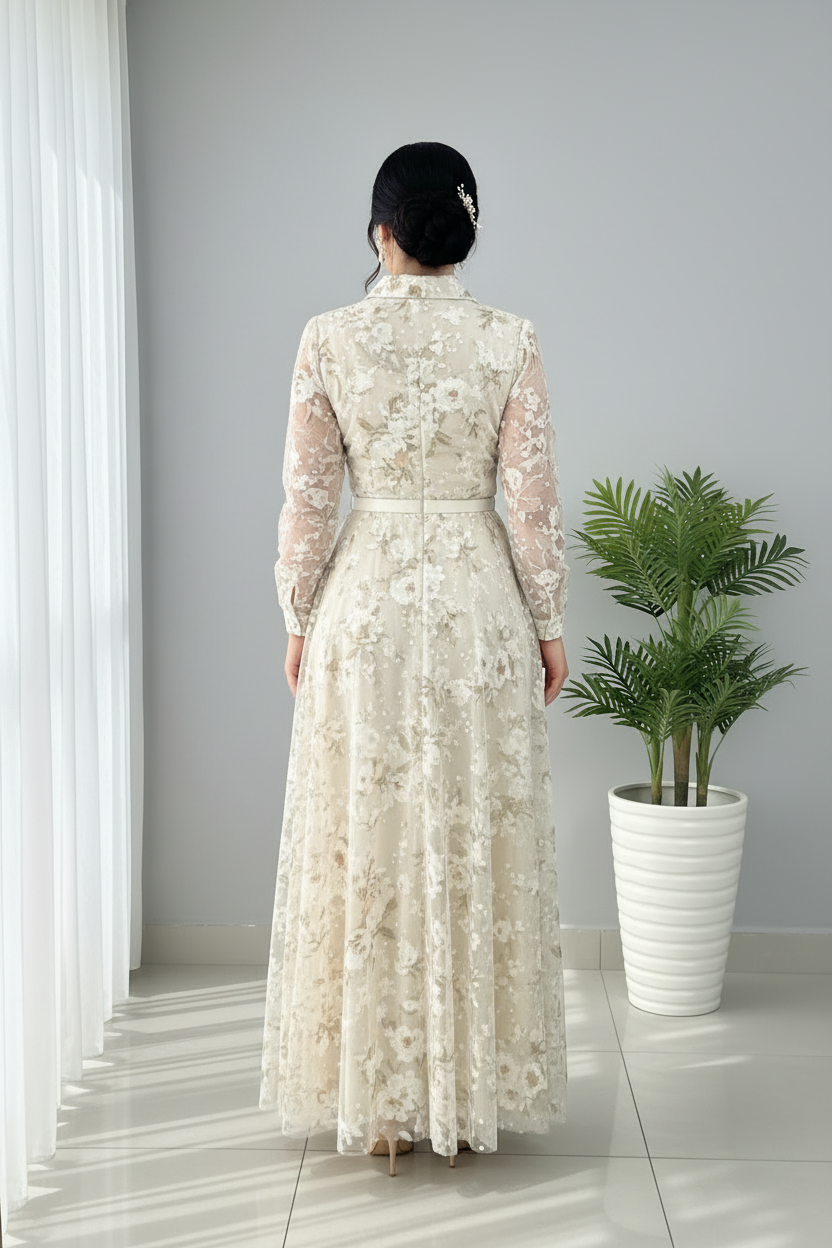 Vestido Crema Floral Bordado Tul Manga Larga Cuello Camisero A-Line cod.823