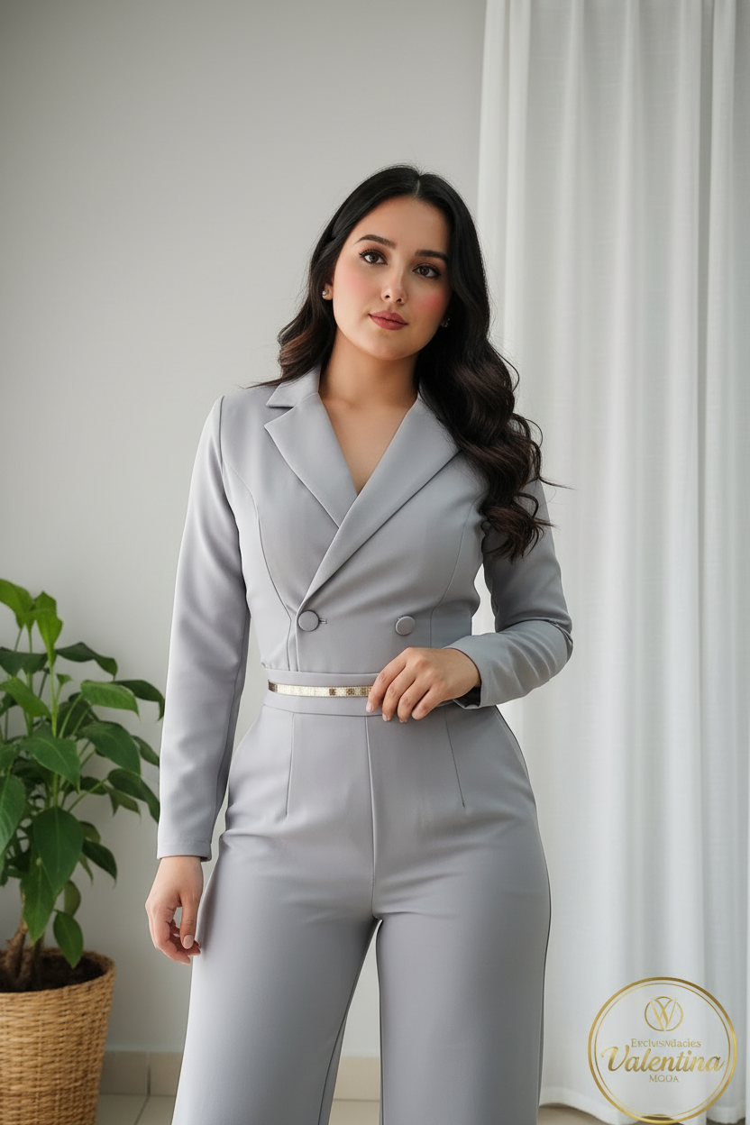 Conjunto 2 Piezas Gris Perla Blazer Cropped Doble Botonadura y Palazzo cod.00144