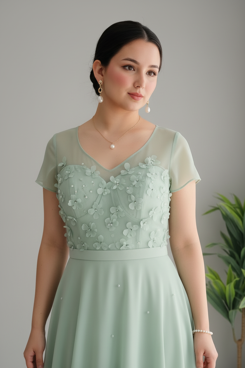 Vestido Verde Salvia — Floral 3D & Manga Corta cod.853