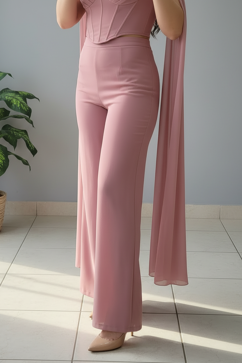 Conjunto Rose Cape Palazzo – Corset Off-Shoulder + Pantalón Palazzo + Capa cod.680