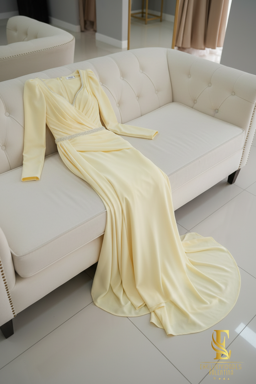 Vestido Sirena Amarillo Mantequilla con Cinturón de Cristales cod.V242