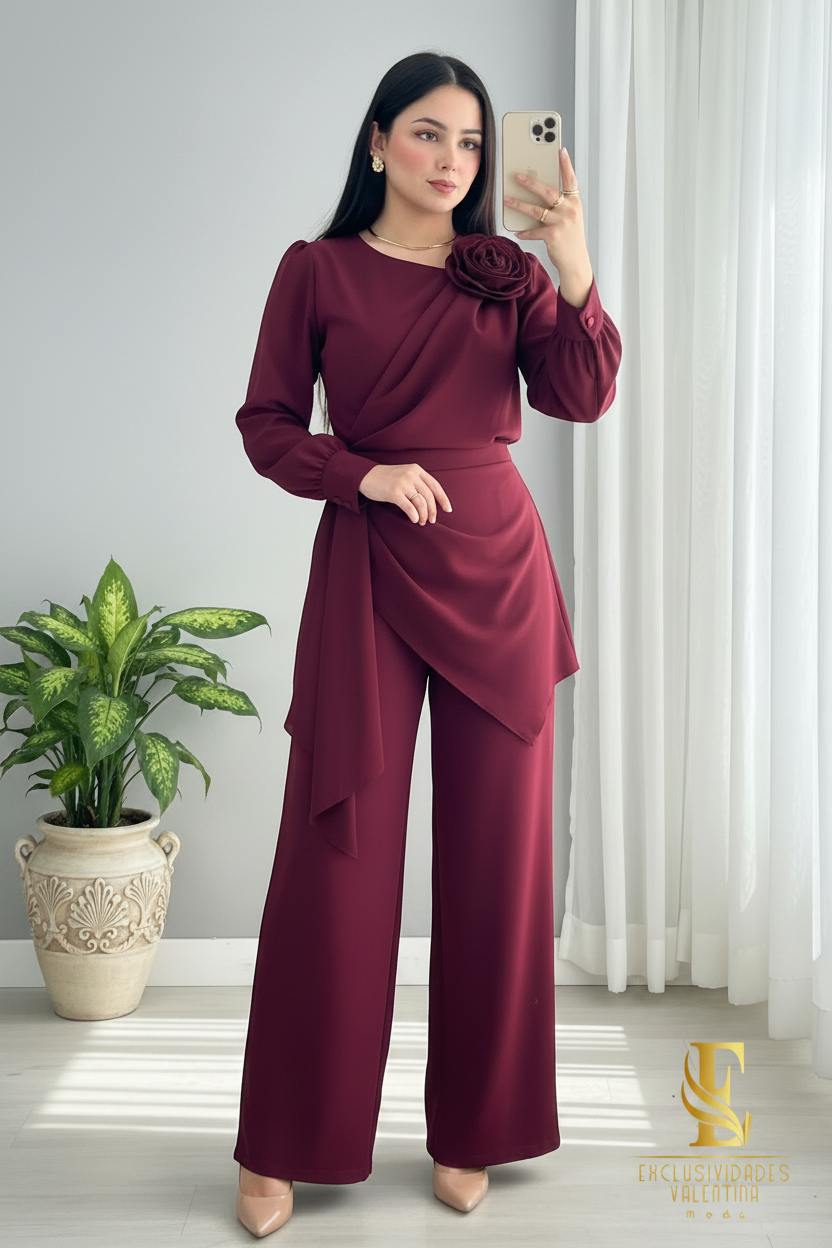 Conjunto Vino — Blusa Rosa & Falda Drapeada con Palazzo cod.0031