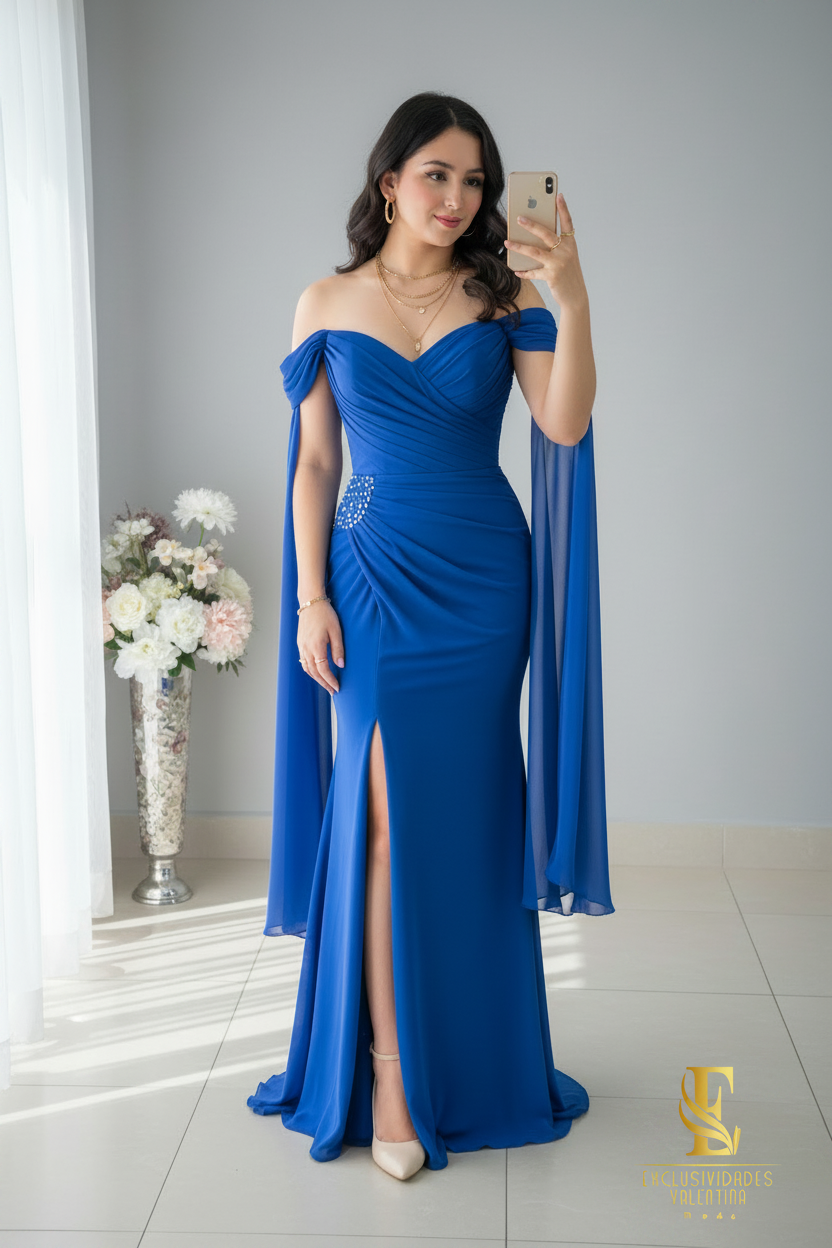 Vestido Sirena Azul Royal | Off-Shoulder Drapeado con Pedrería y Mangas Capa cod.V513